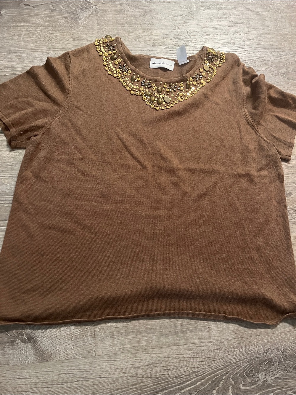 Alfred Dunner Brown Short-Sleeve Jeweled Neck Top